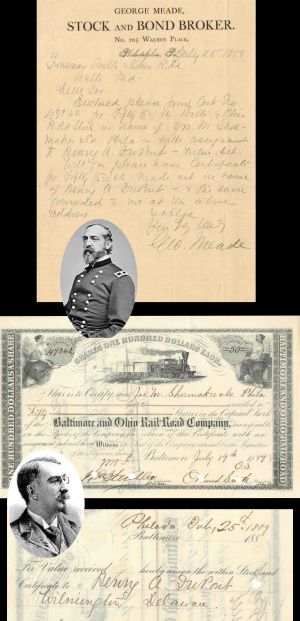 Baltimore and Ohio Railroad Co. signed by Geo. Meade and transferred to Henry A. DuPont - 1889 dated Autographed Stock Certificate