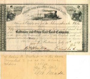 Baltimore and Ohio Railroad Co. Transfer signed by Geo. Meade - Stock Certificate