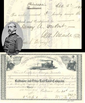 Baltimore and Ohio Rail-Road Co. signed by Geo Meade - 1887 dated Autographed Stock Certificate