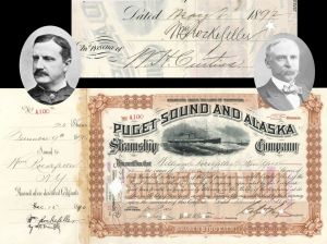 Puget Sound and Alaska Steamship Co. signed by William Rockefeller - 1890 dated Autographed Stock Certificate