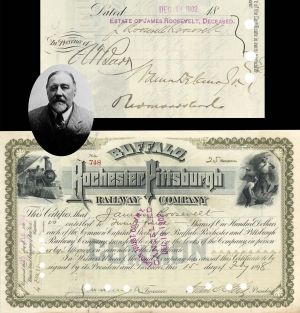 Buffalo, Rochester and Pittsburgh Railway Co. signed by James Roosevelt - 1898 and 1902 dated Autographed Stock Certificate