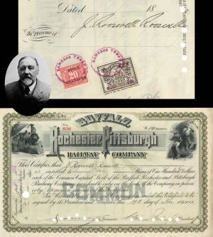 Buffalo, Rochester and Pittsburgh Railway Co. signed by James Roosevelt - 1902 dated Autographed Stock Certificate