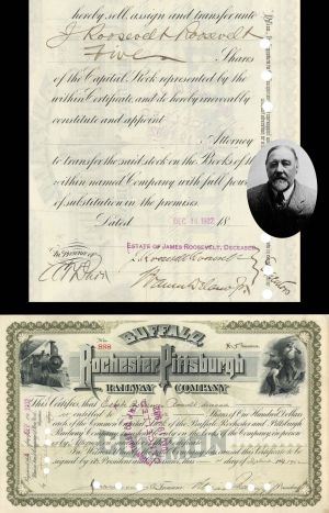 Buffalo, Rochester and Pittsburgh Railway Co. signed by James Roosevelt - 1902 dated Autographed Stock Certificate