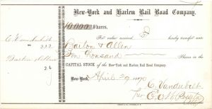 New-York and Harlem Rail Road Co. signed by E.V.W. Rossiter for C. Vanderbilt - 1870 dated Autographed Stock Certificate