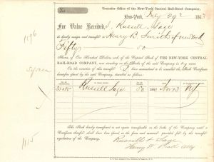 New-York Central Rail-Road Co. Transfer issued to and signed by Russell Sage - 1863 dated Autographed Stock Certificate