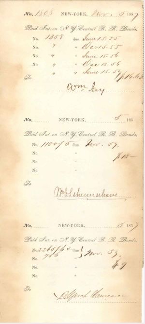 N.Y. Central R.R. Bond stubs signed by William Schermerhorn and William Jay - 1857 dated Autograph