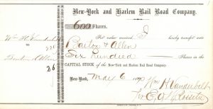 New-York and Harlem Rail Road Co. signed by E.V.W. Rossiter for William H. Vanderbilt - 1870 dated Autograph Railway Transfer Receipt