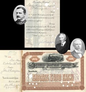 Northwest Equipment Co. of Minnesota issued to and signed by John D. Rockefeller and Colgate Hoyt Transferred to Wm. Rockefeller - 1888 or 1889 and 1895 dated Autographed Stock Certificate