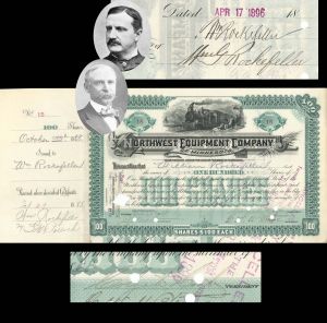 Northwest Equipment Co. of Minnesota issued to and signed by William Rockefeller and Colgate Hoyt - 1888 and 1896 dated Autographed Stock Certificate