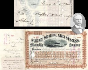 Puget Sound and Alaska Steamship Co. signed by Colgate Hoyt - 1890 Autographed Stock Certificate
