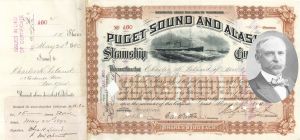 Puget Sound and Alaska Steamship Co. signed by Charles H. Leland and Colgate Hoyt - 1890 dated Autographed Stock Certificate