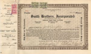 Smith Brothers, Inc. signed by Arthur G. Smith - 1919 or 1920 dated Autograph Stock Certificate