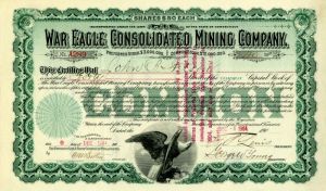 War Eagle Consolidated Mining Co. Issued to John B. Stetson - 1904 dated Stock Certificate - Not Signed