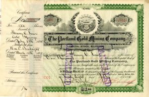 Portland Gold Mining Co. signed by James Doyle - Stock Certificate