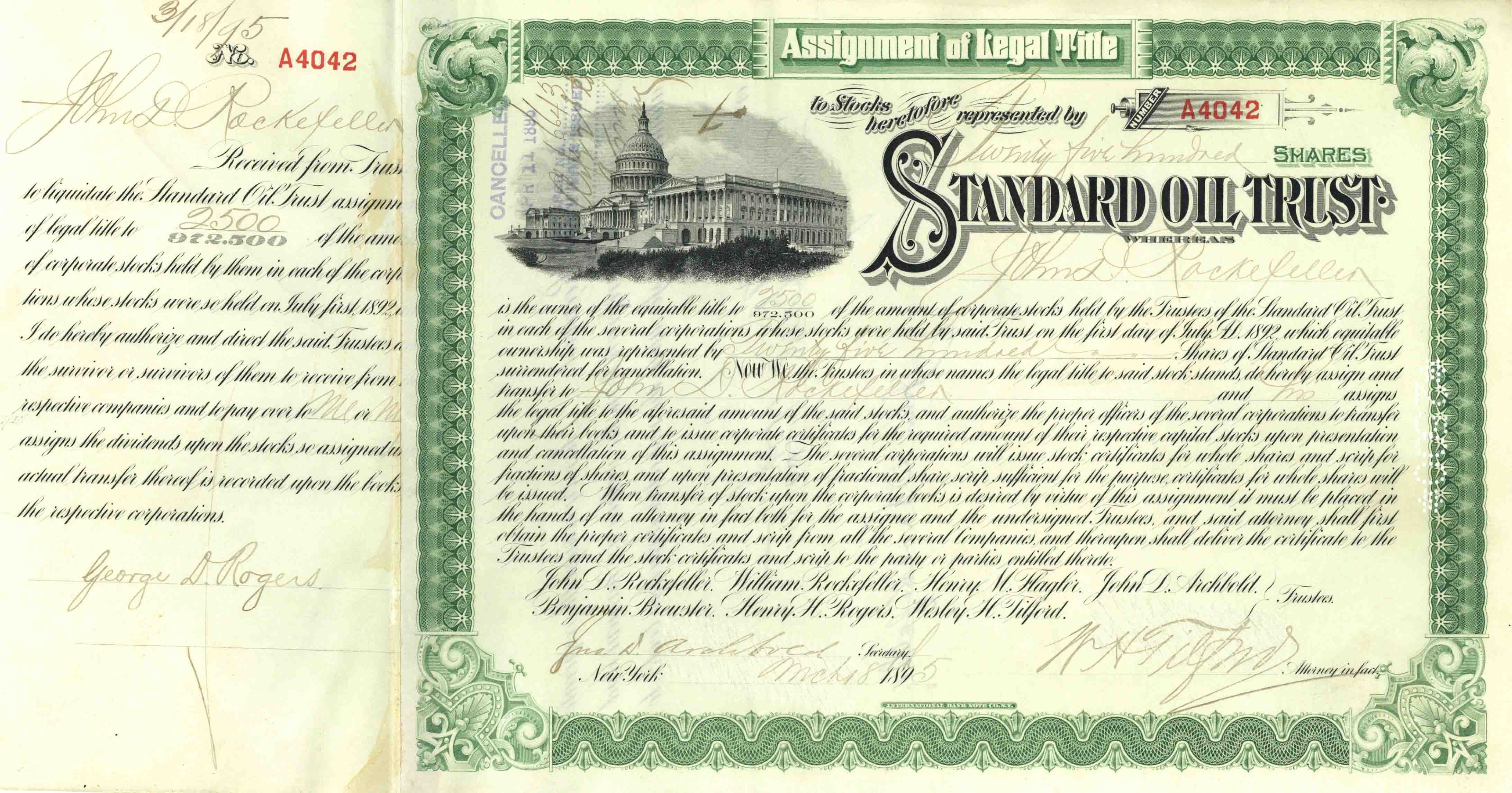 Standard Oil Trust Issued to and Signed by J.D. Rockefeller - Stock Certificate - Also signed by Archbold, Tilford and Rogers
