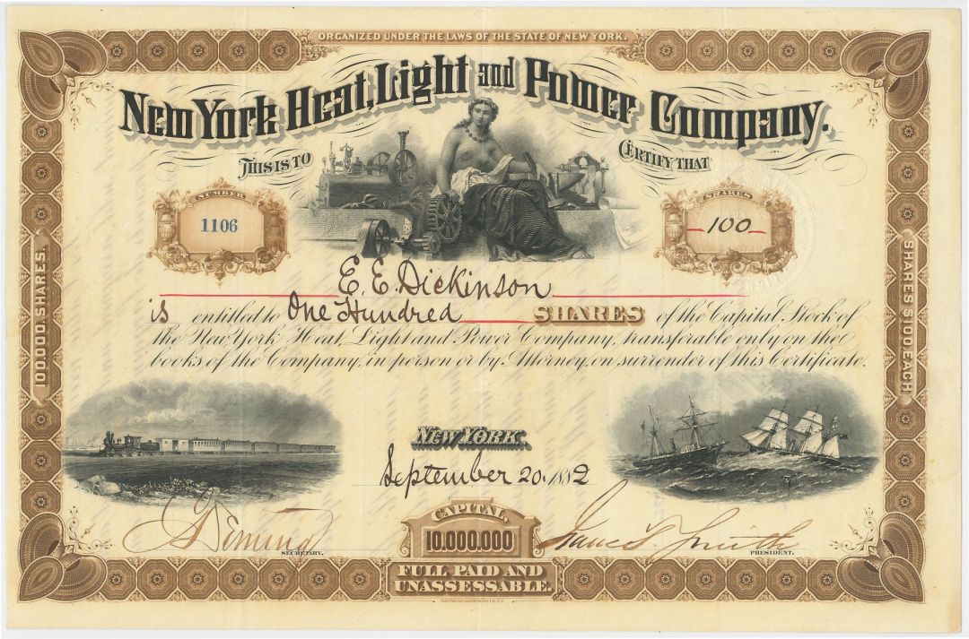 New York Heat, Light and Power Company - Gorgeous Utility Stock Certificate