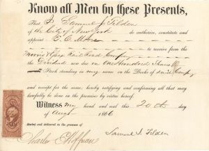 Morris and Essex Railroad Co. signed by Samuel J. Tilden - 1866 dated Transfer