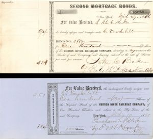 Pair of Hudson River Railroad Co. issued to Commodore C. Vanderbilt Sr. - 1865 and 1866 dated Stock Certificate