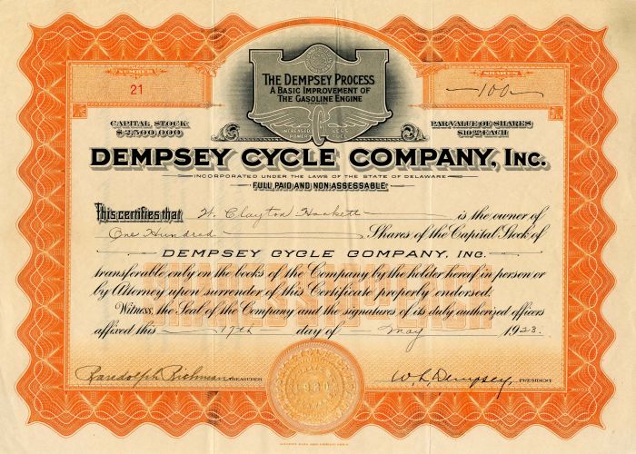 Dempsey Cycle Co., Inc. signed by W.L. Dempsey - Stock Certificate