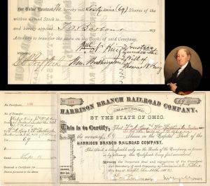 Harrison Branch Railroad Co. Issued to trustees of Rufus King - 1873-1882 dated Stock Certificate