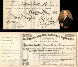 Harrison Branch Railroad Co. Issued to Rufus King - 1875 dated Railway Stock Certificate