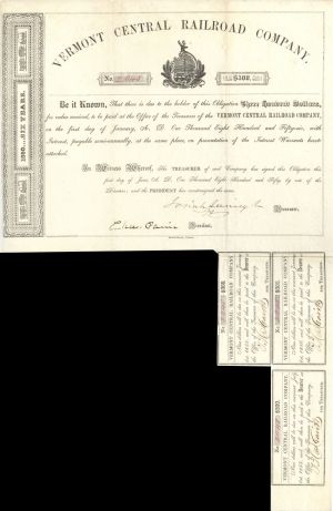 Vermont Central Railroad Co. signed by Josiah Quincy III - 1850 dated $300 Autographed Bond