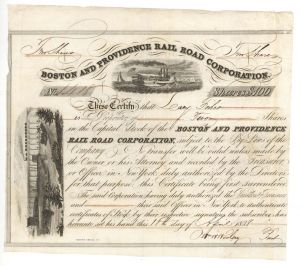 Boston and Providence Rail Road Corp. Issued to Lucy Forbes - 1838 dated Stock Certificate