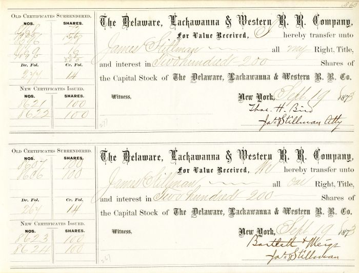 Delaware, Lackawanna and Western R.R. Co. Issued to and Signed by James Stillman