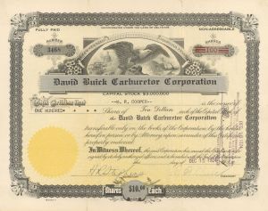 David Buick Carburetor Corp. - Rubber Stamp Signature of David Dunbar Buick - 1922 dated Automotive Stock Certificate