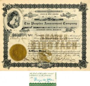 Peoples Amusement Co. Issued to and signed by George M. Cohan - Stock Certificate