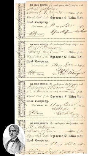 Syracuse and Utica Rail Road Co. dated 1852 - Sheet of 4 Transfers signed by Jacob Little