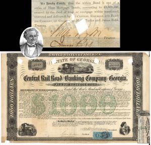 Central Rail Road and Banking Co. of Georgia signed by Moses Taylor - 1865 dated Autograph Railway Bond