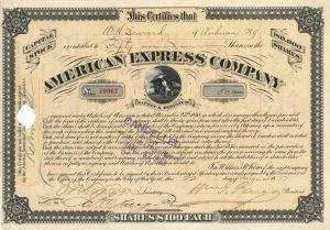 American Express Co. Signed by James C. and Wm. G. Fargo - Autographed Stock Certificate