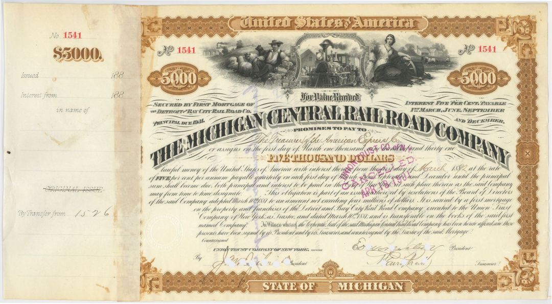 Michigan Central Railroad Company Signed by James C. Fargo - 1892 Dated Autograph Railway Bond