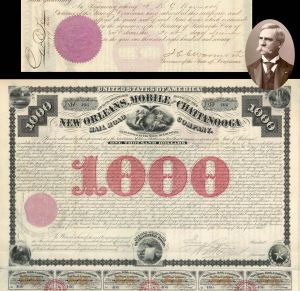 New Orleans, Mobile and Chattanooga Railroad Co. signed by Henry Clay Warmoth - 1870 dated Autographed $1,000 Bond