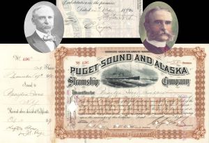 Puget Sound and Alaska Steamship Co. Issued to and signed by Brayton Ives and signed by Colgate Hoyt - 1890 dated Autographed Stock Certificate