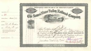 James River Valley Railroad Co. signed by Crawford Livingston - 1885 dated Autographed Stock Certificate