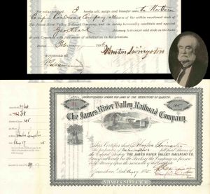 James River Valley Railroad Co. issued to and signed by Johnston Livingston, Crawford Livingston and W.R. Merriam - 1885 dated Autographed Stock Certificate