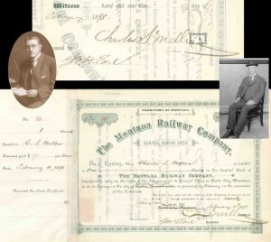 Montana Railway Co. Issued to and signed by C.S. Mellen twice and Geo. H. Earl - 1898 dated Autographed Stock Certificate