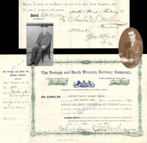 Portage and North Western Railway Co. Signed by Charles S. Mellen -1899 or 1900 dated Autographed Stock Certificate