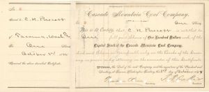 Cascade Mountain Coal Co. signed by T.F. Oakes -1888 dated Autographed Stock Certificate