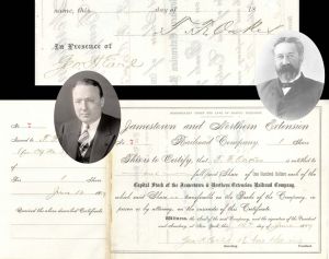 Jamestown and Northern Extension Railroad Co. issued to and signed by T.F. Oakes - 1889 dated Autographed Stock Certificate