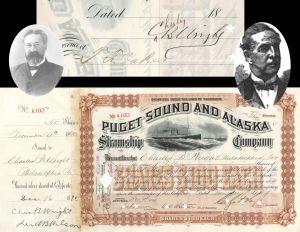 Puget Sound and Alaska Steamship Co. issued to and signed by Charles B. Wright and T.F. Oakes - 1890 dated Autographed Stock Certificate