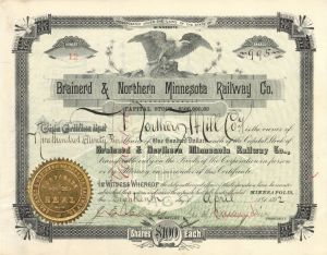 Brainerd and Northern Minnesota Railway Co. signed by Geo. A. Pillsbury - 1892 dated Autographed Stock Certificate