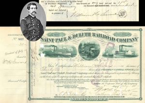 Saint Paul and Duluth Railroad Co. Issued to and signed by William H. Seward - 1887 dated Autographed Stock Certificate