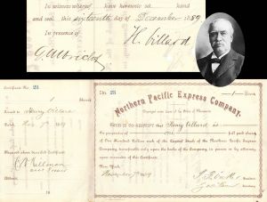 Northern Pacific Express Co. Issued to and signed by Henry Villard, T.F. Oakes and Geo. H. Earl - 1889 dated Autographed Stock Certificate