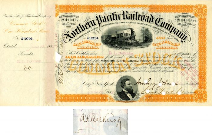 Northern Pacific Railroad Co. issued to and signed by R.L. Belknap
