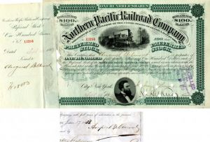 Northern Pacific Railroad Co. issued to and signed by August Belmont