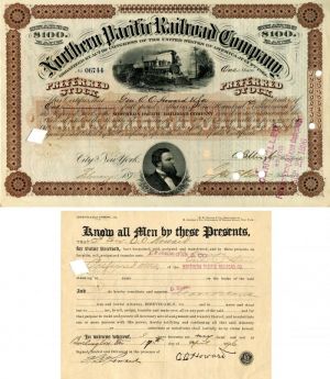 Northern Pacific Railroad Co. issued to and signed by Gen'l. O.O. Howard - Stock Certificate