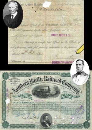 Northern Pacific Railroad Co. issued to and signed by Russell Sage and Transferred to J.D. Rockefeller - 1884 dated Autographed Stock Certificate